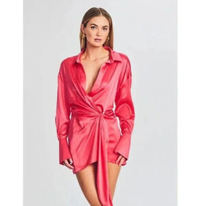 SER.O.YA Demi Silk Dress Size Medium Neon Coral Pink Shirt Dress Wrap Party